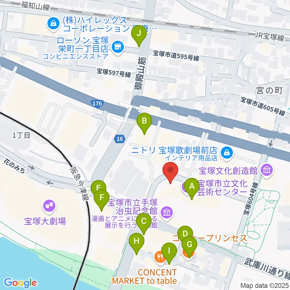宝塚市立文化芸術センター周辺のカフェ一覧地図
