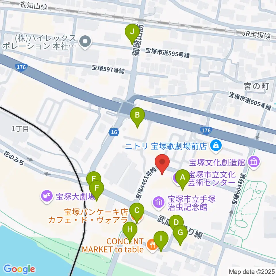 宝塚市立文化芸術センター周辺のカフェ一覧地図