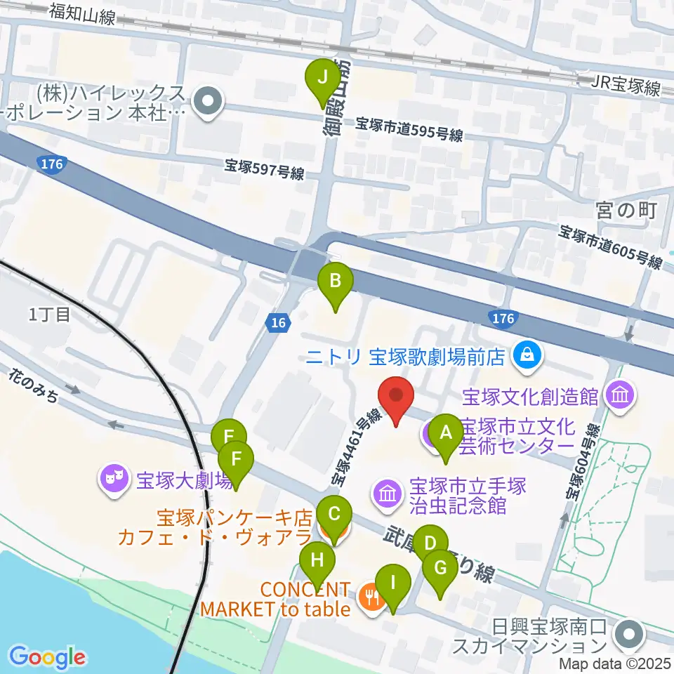 宝塚市立文化芸術センター周辺のカフェ一覧地図