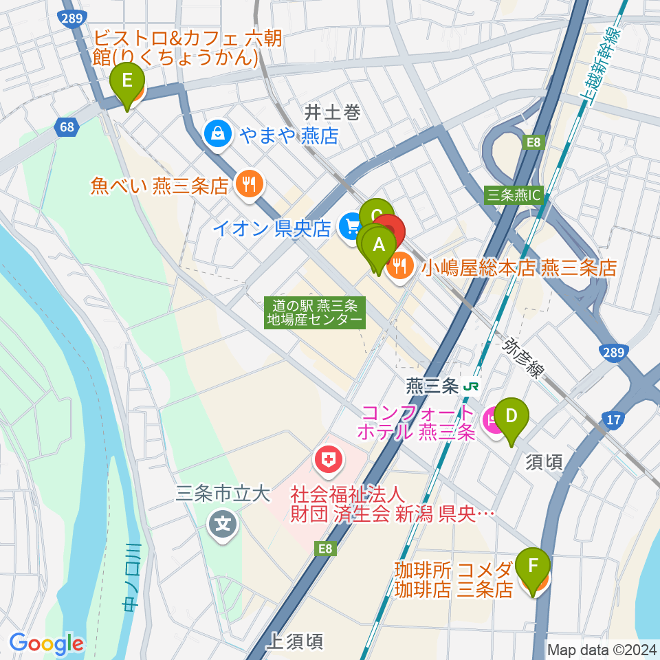 イオンシネマ県央周辺のカフェ一覧地図