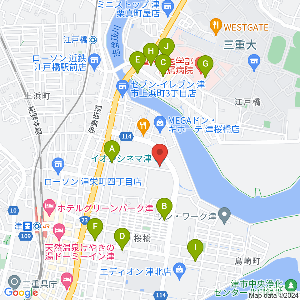 イオンシネマ津周辺のカフェ一覧地図