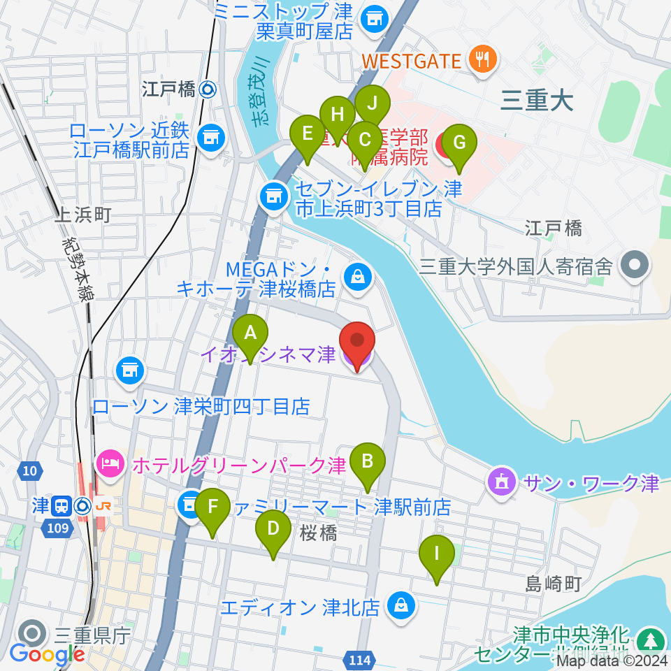 イオンシネマ津周辺のカフェ一覧地図