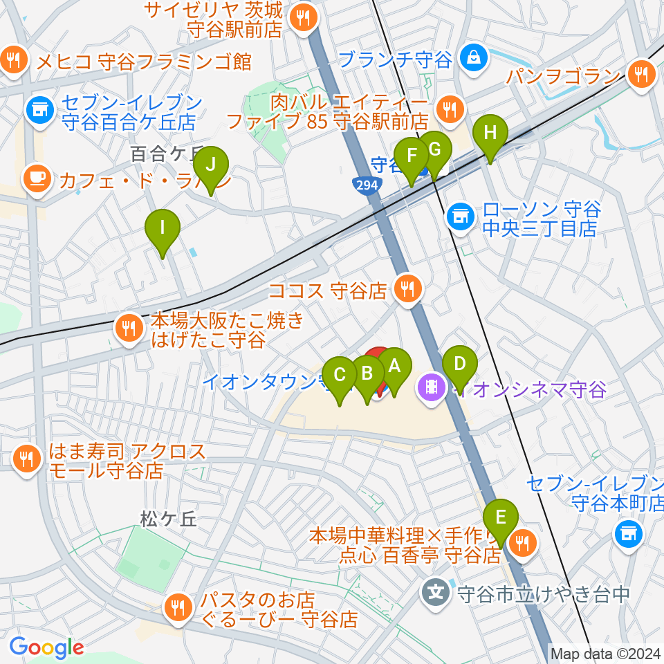 ウインズ・ユー守谷店周辺のカフェ一覧地図