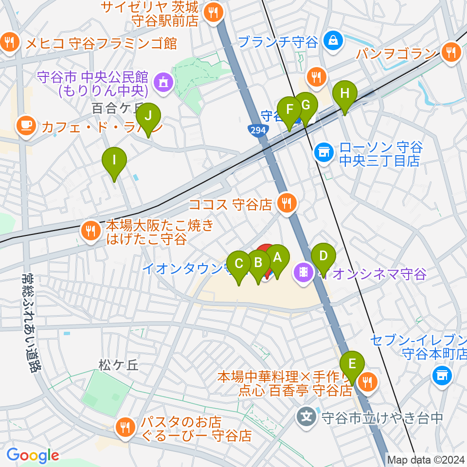 ウインズ・ユー守谷店周辺のカフェ一覧地図