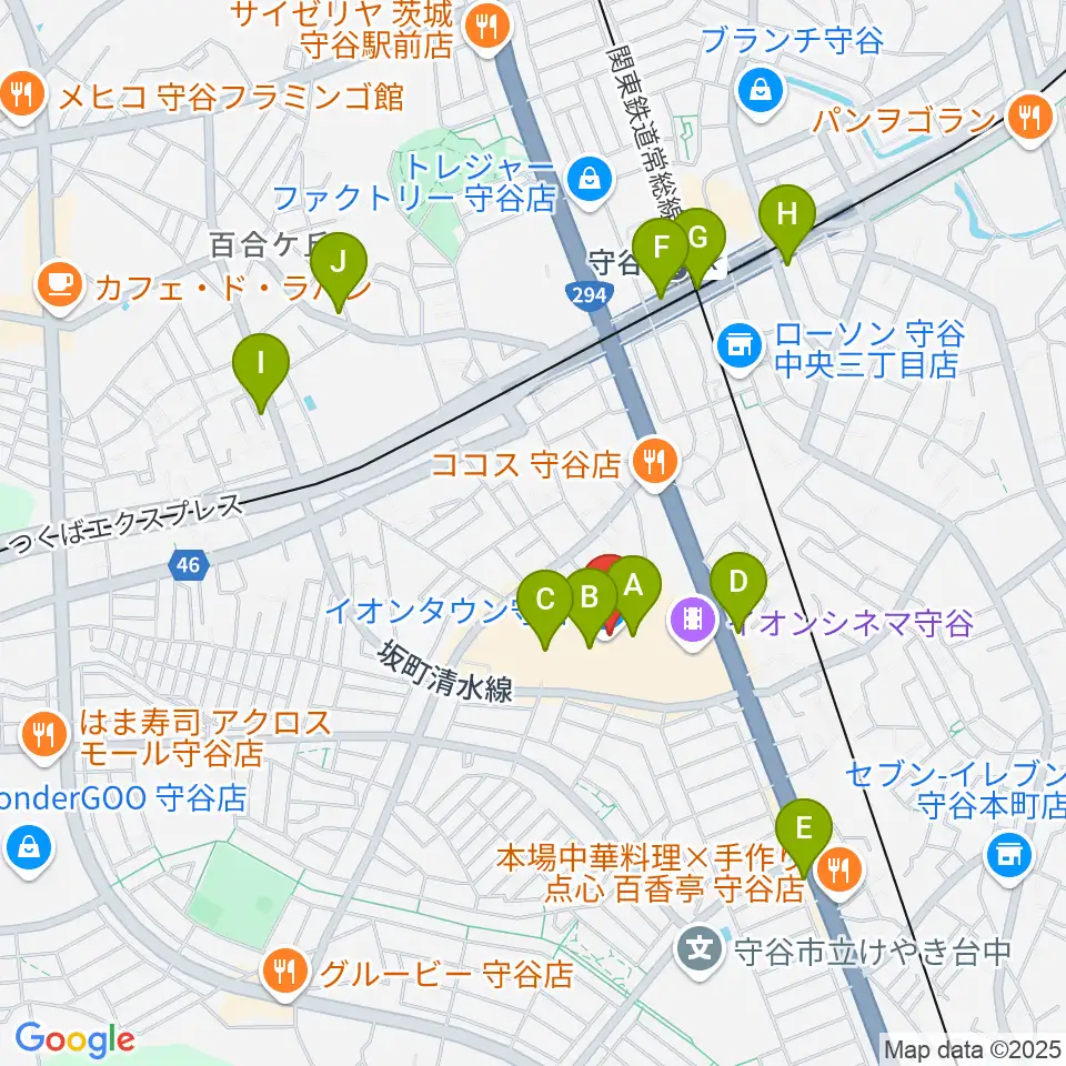 ウインズ・ユー守谷店周辺のカフェ一覧地図