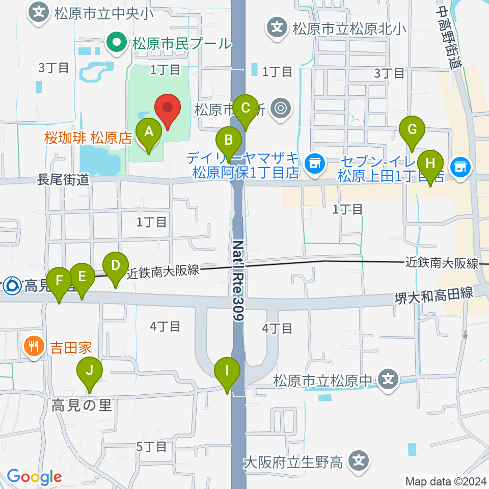 松原市文化会館周辺のカフェ一覧地図