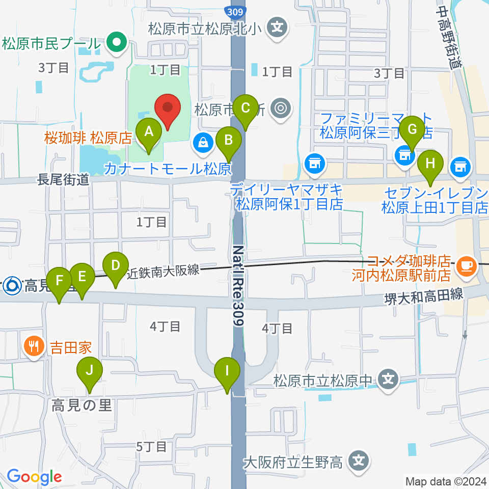 松原市文化会館周辺のカフェ一覧地図