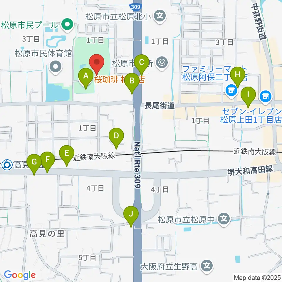 松原市文化会館周辺のカフェ一覧地図