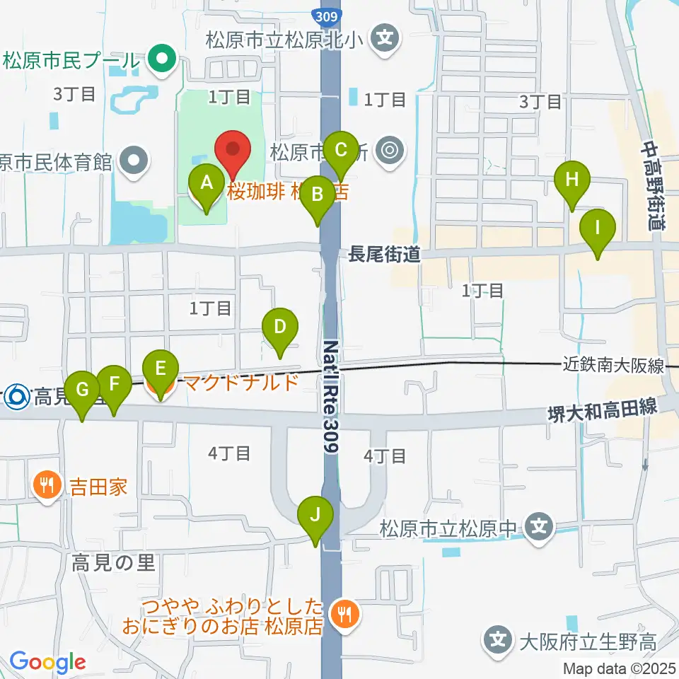 松原市文化会館周辺のカフェ一覧地図