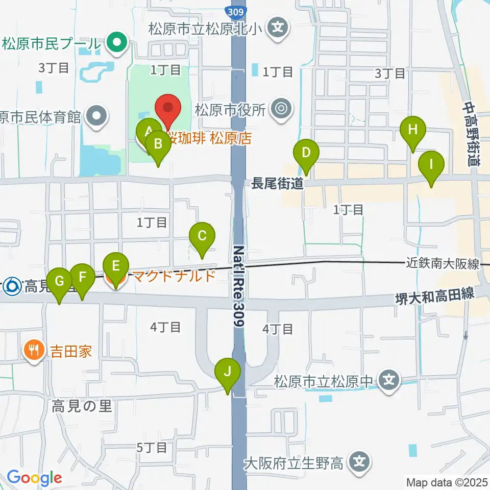 松原市文化会館周辺のカフェ一覧地図