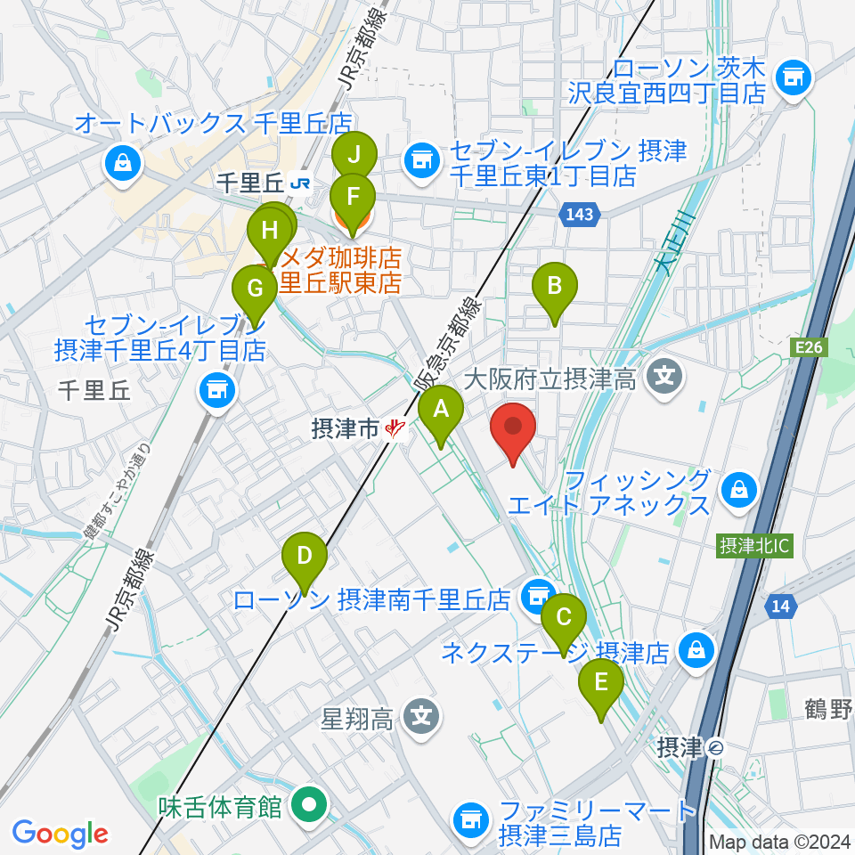 摂津市民文化ホール周辺のカフェ一覧地図