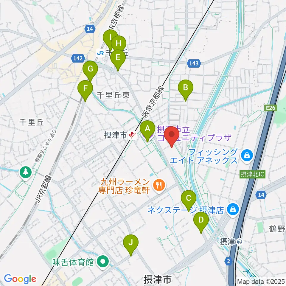 摂津市民文化ホール周辺のカフェ一覧地図