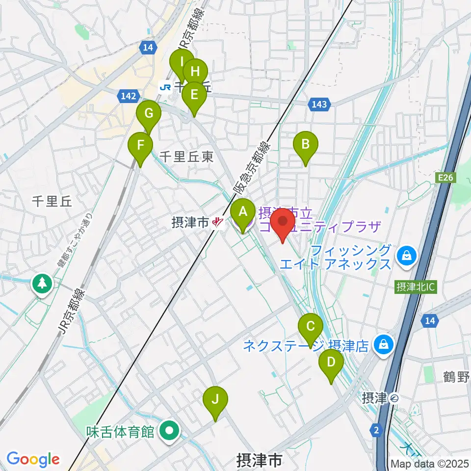 摂津市民文化ホール周辺のカフェ一覧地図