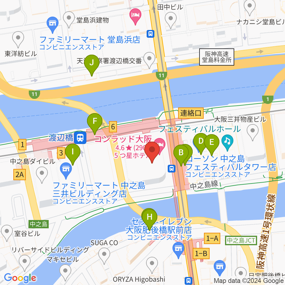 中之島会館周辺のカフェ一覧地図
