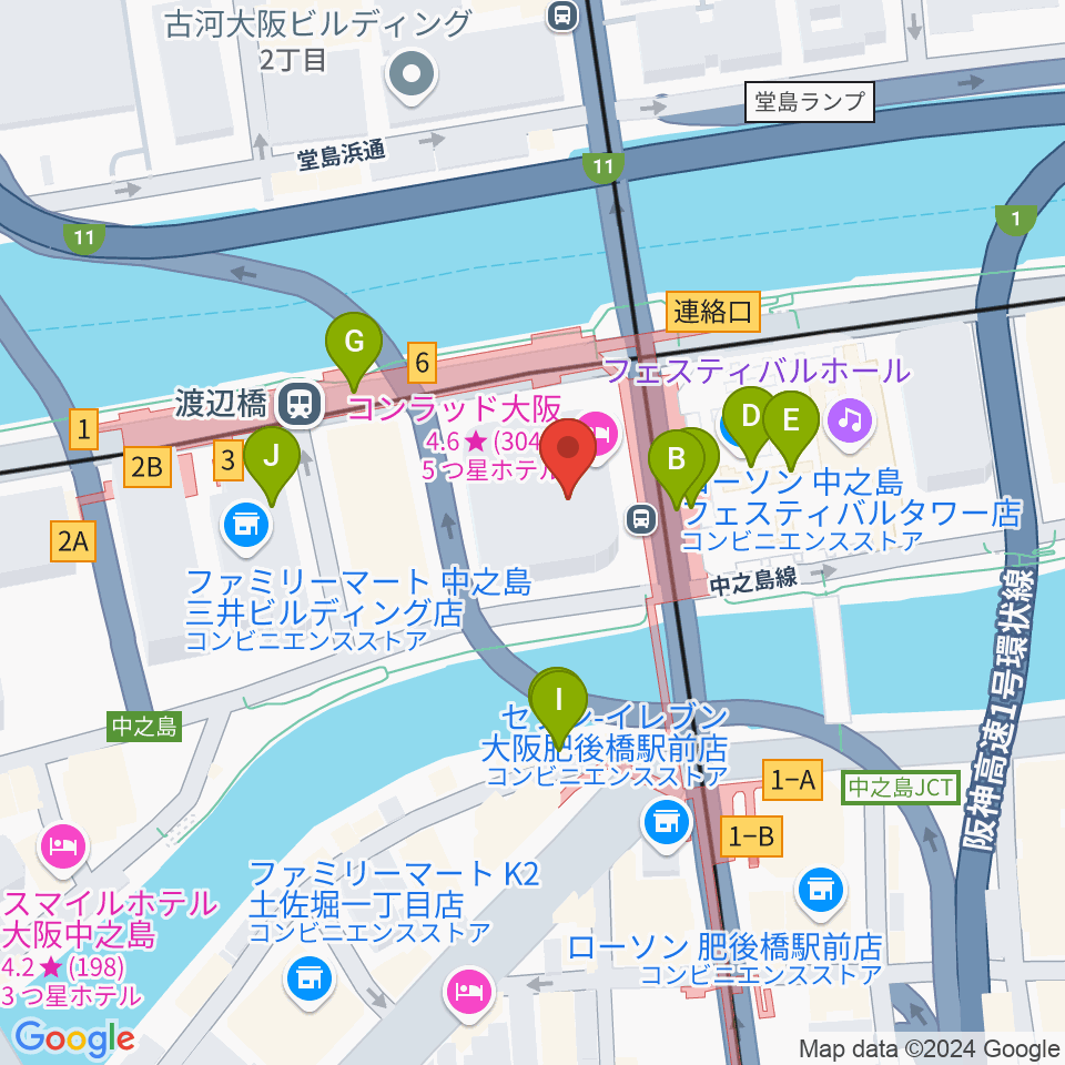 中之島会館周辺のカフェ一覧地図