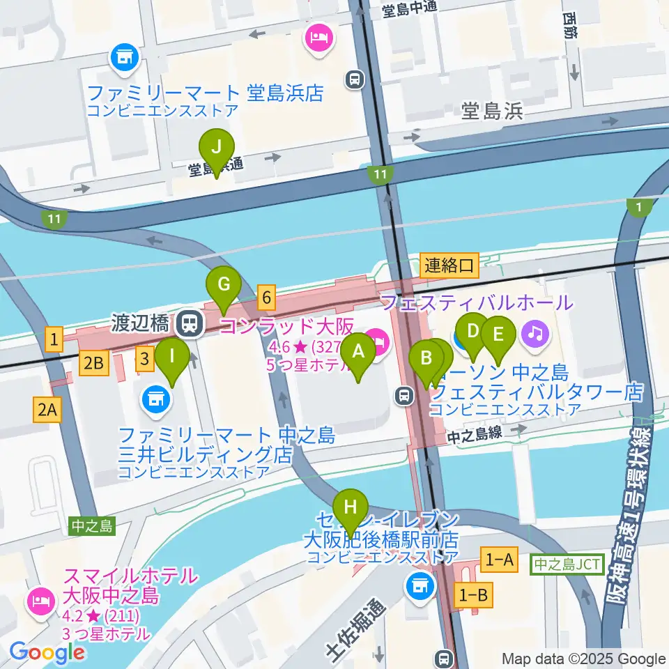 中之島会館周辺のカフェ一覧地図