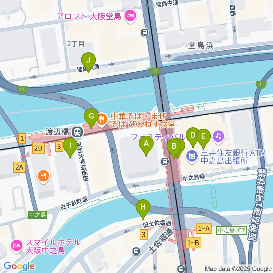 中之島会館周辺のカフェ一覧地図