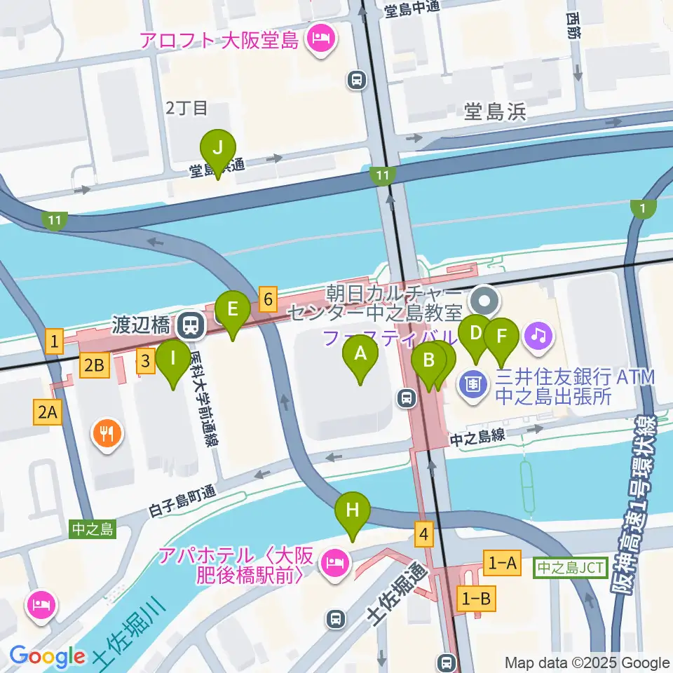 中之島会館周辺のカフェ一覧地図