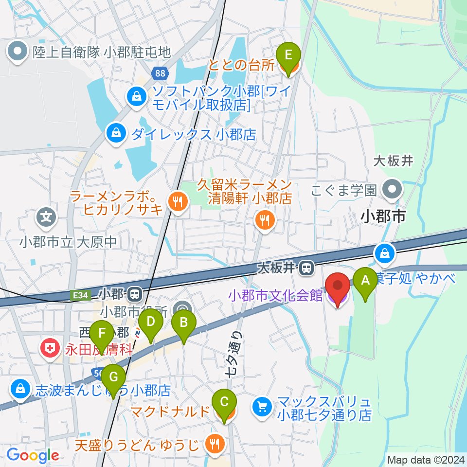 小郡市文化会館周辺のカフェ一覧地図