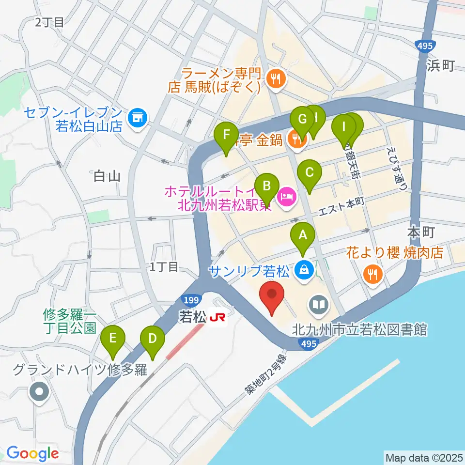 若松市民会館周辺のカフェ一覧地図