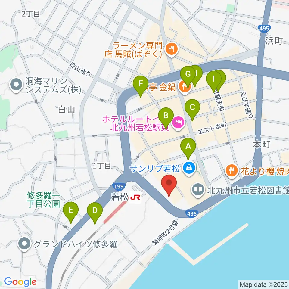 若松市民会館周辺のカフェ一覧地図