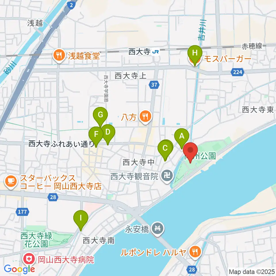 岡山市立西大寺公民館周辺のカフェ一覧地図