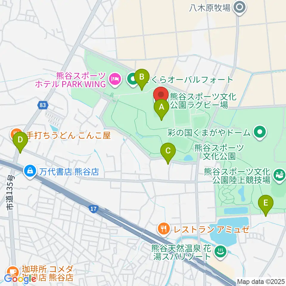 熊谷ラグビー場周辺のカフェ一覧地図
