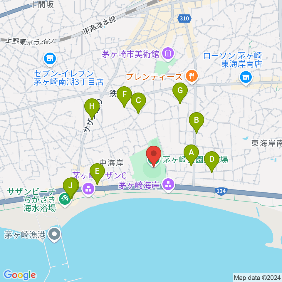 茅ヶ崎公園野球場周辺のカフェ一覧地図