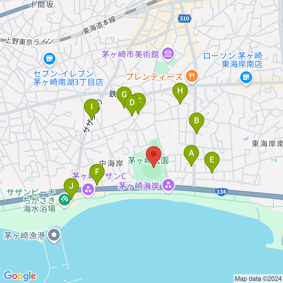 茅ヶ崎公園野球場周辺のカフェ一覧地図