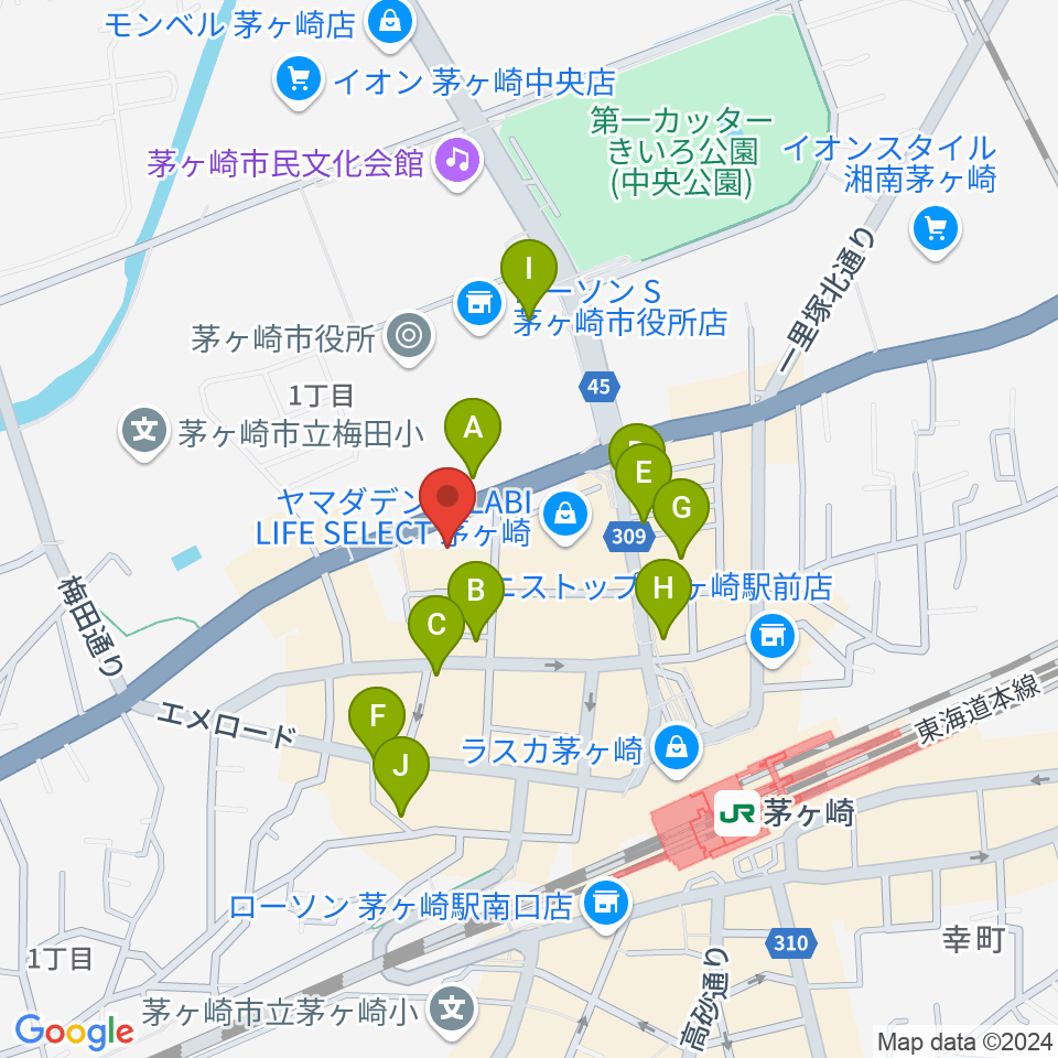 茅ヶ崎市勤労市民会館周辺のカフェ一覧地図