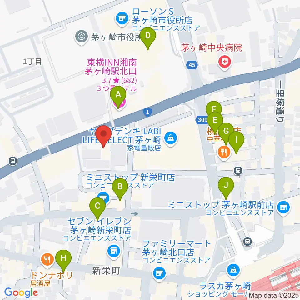 茅ヶ崎市勤労市民会館周辺のカフェ一覧地図