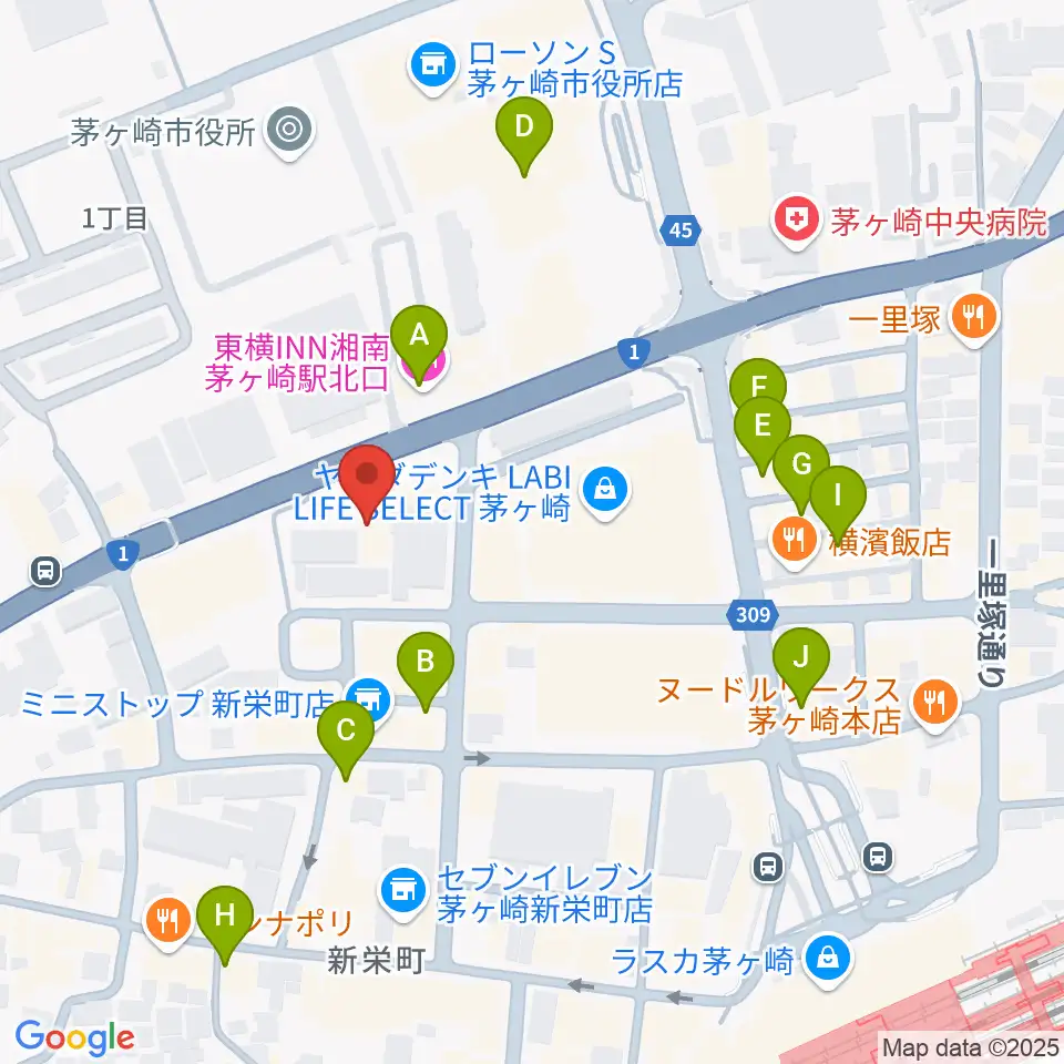 茅ヶ崎市勤労市民会館周辺のカフェ一覧地図
