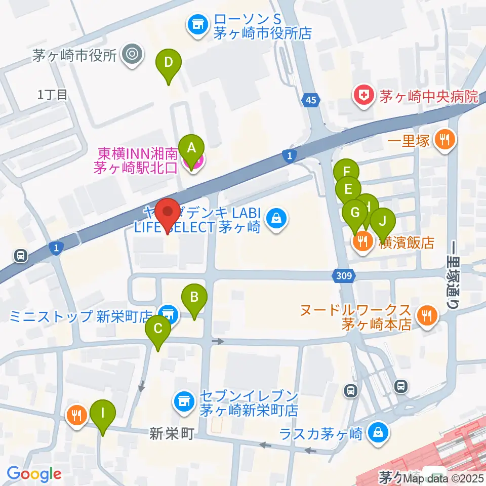 茅ヶ崎市勤労市民会館周辺のカフェ一覧地図