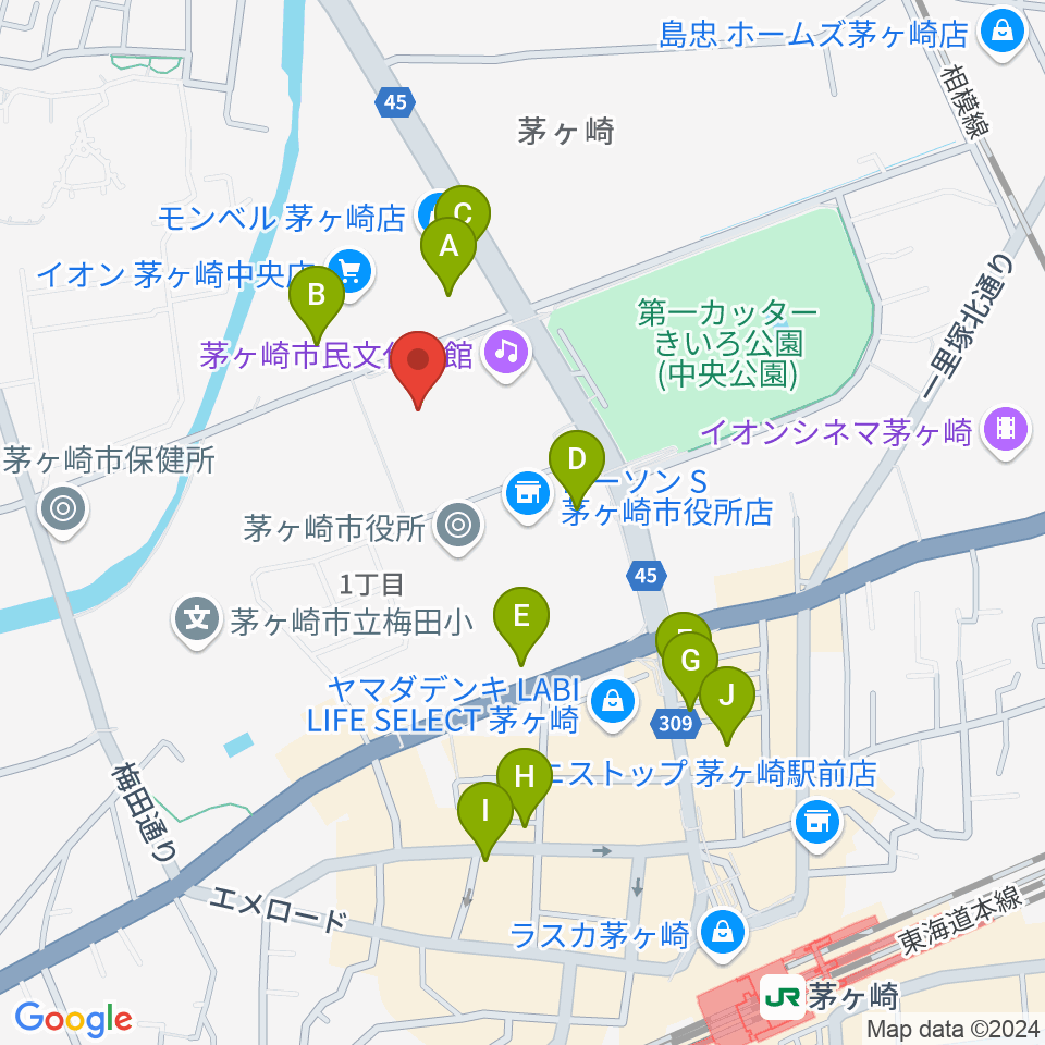 茅ヶ崎市総合体育館周辺のカフェ一覧地図