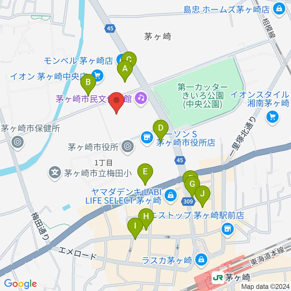 茅ヶ崎市総合体育館周辺のカフェ一覧地図