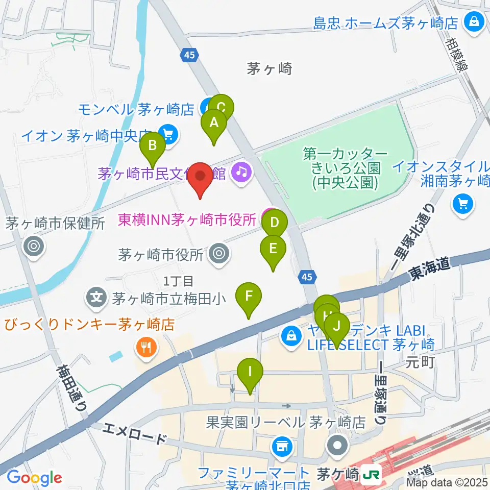 茅ヶ崎市総合体育館周辺のカフェ一覧地図