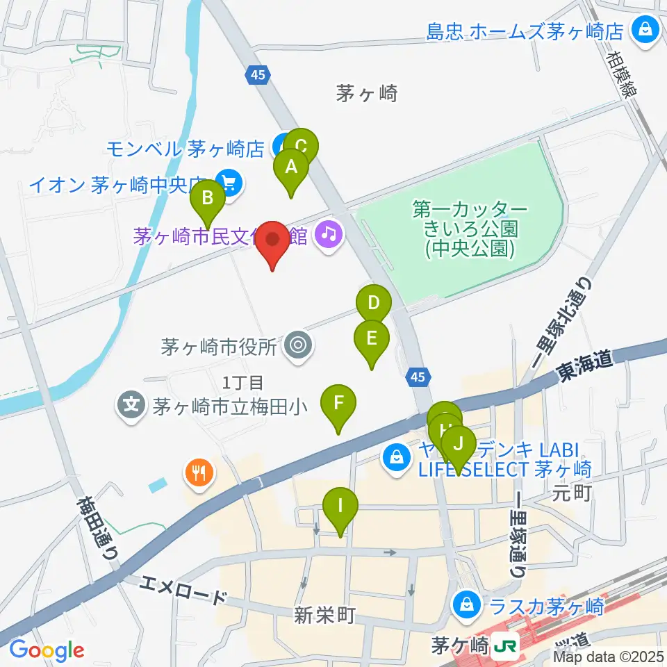 茅ヶ崎市総合体育館周辺のカフェ一覧地図