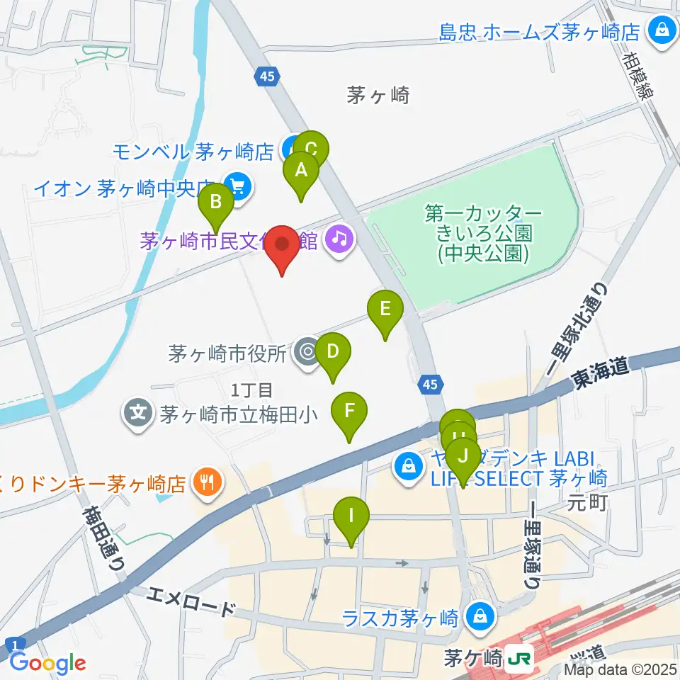 茅ヶ崎市総合体育館周辺のカフェ一覧地図