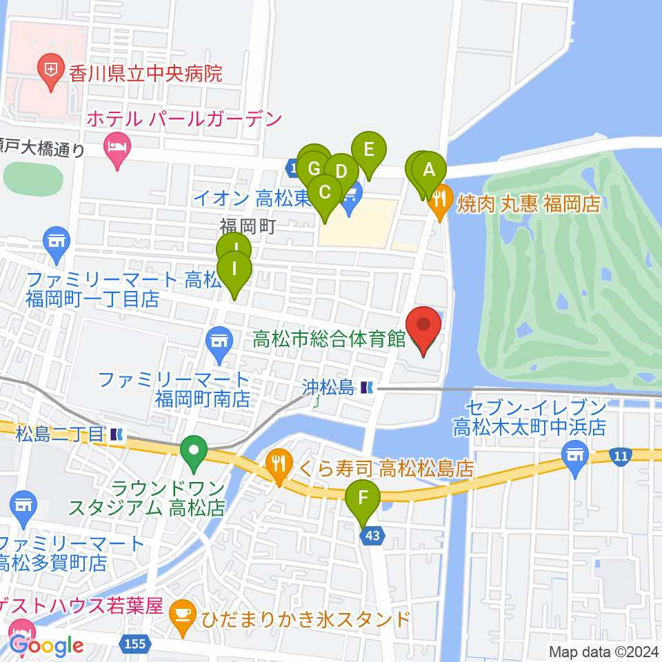 高松市総合体育館周辺のカフェ一覧地図
