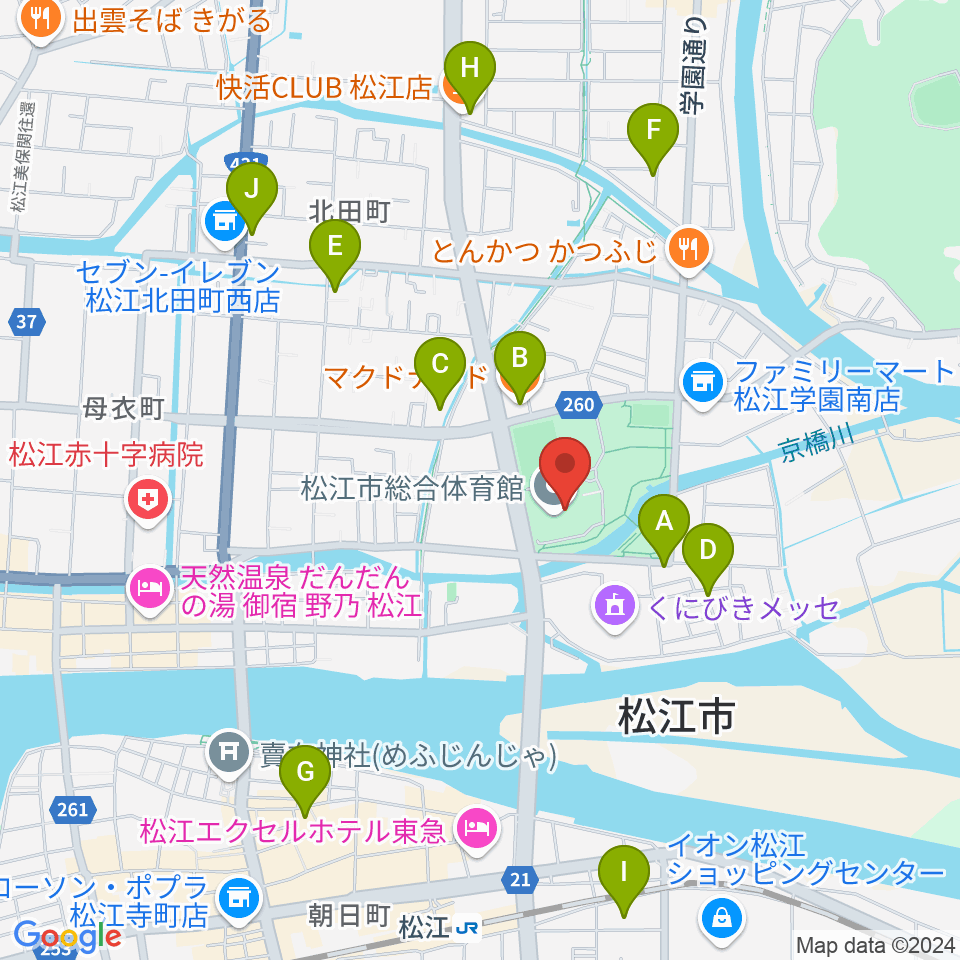 松江市総合体育館周辺のカフェ一覧地図