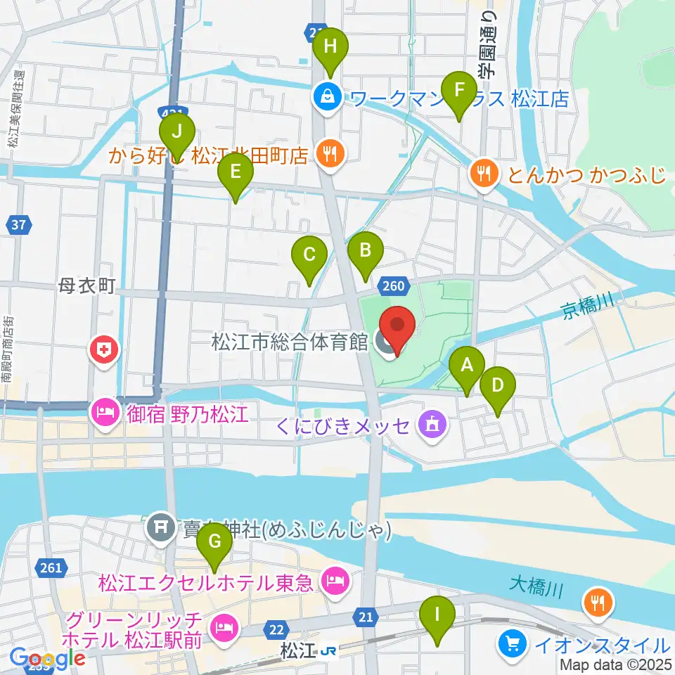 松江市総合体育館周辺のカフェ一覧地図