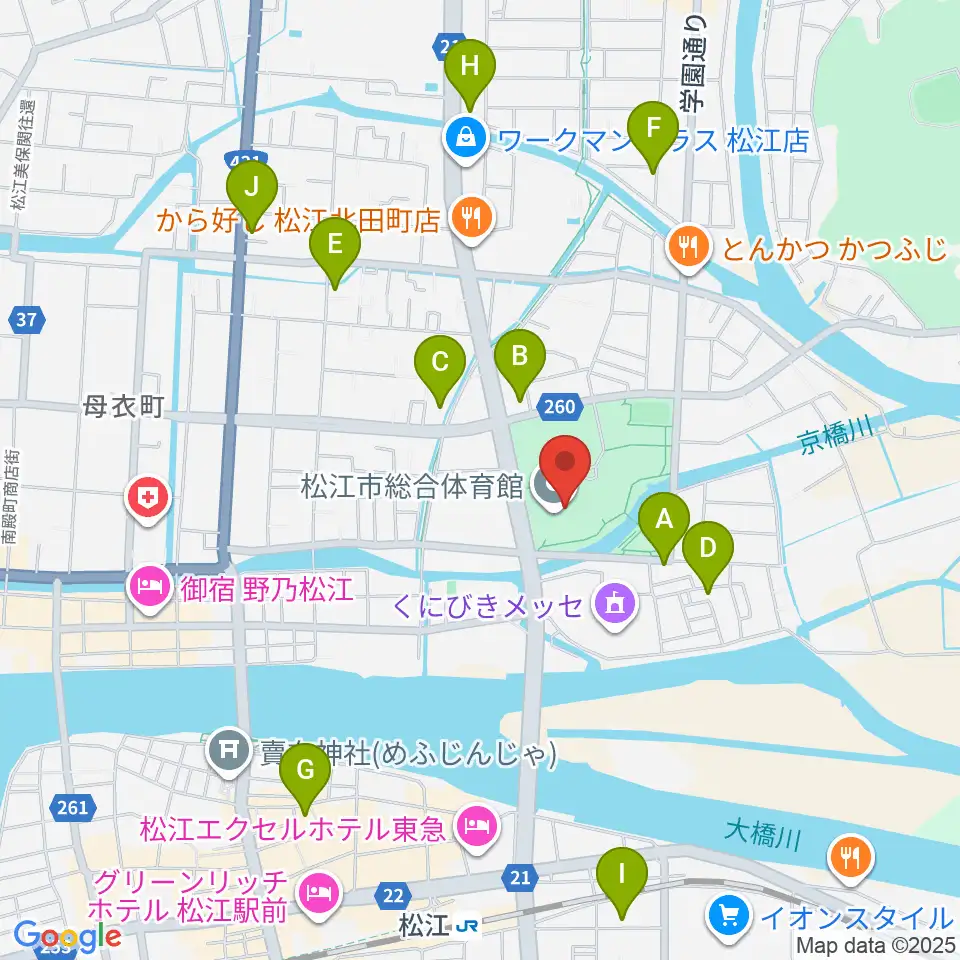 松江市総合体育館周辺のカフェ一覧地図