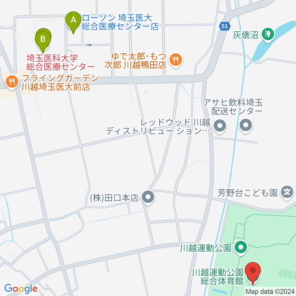 川越運動公園総合体育館周辺のカフェ一覧地図