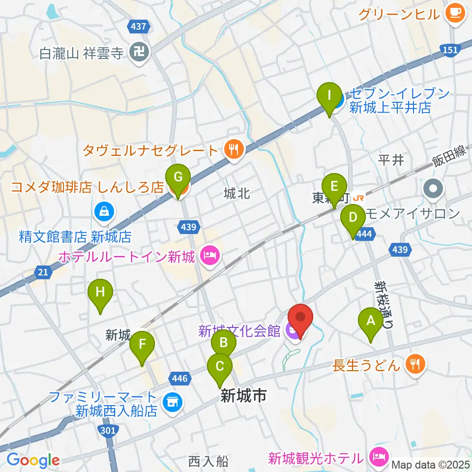 新城文化会館周辺のカフェ一覧地図