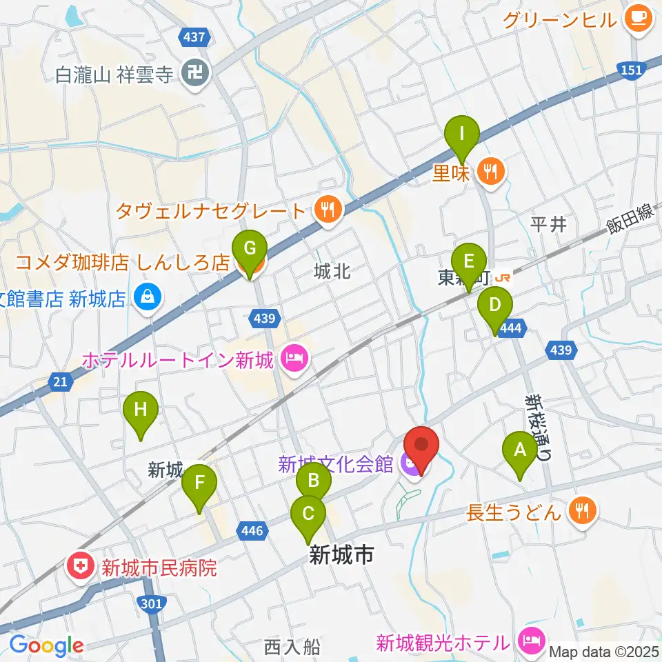新城文化会館周辺のカフェ一覧地図