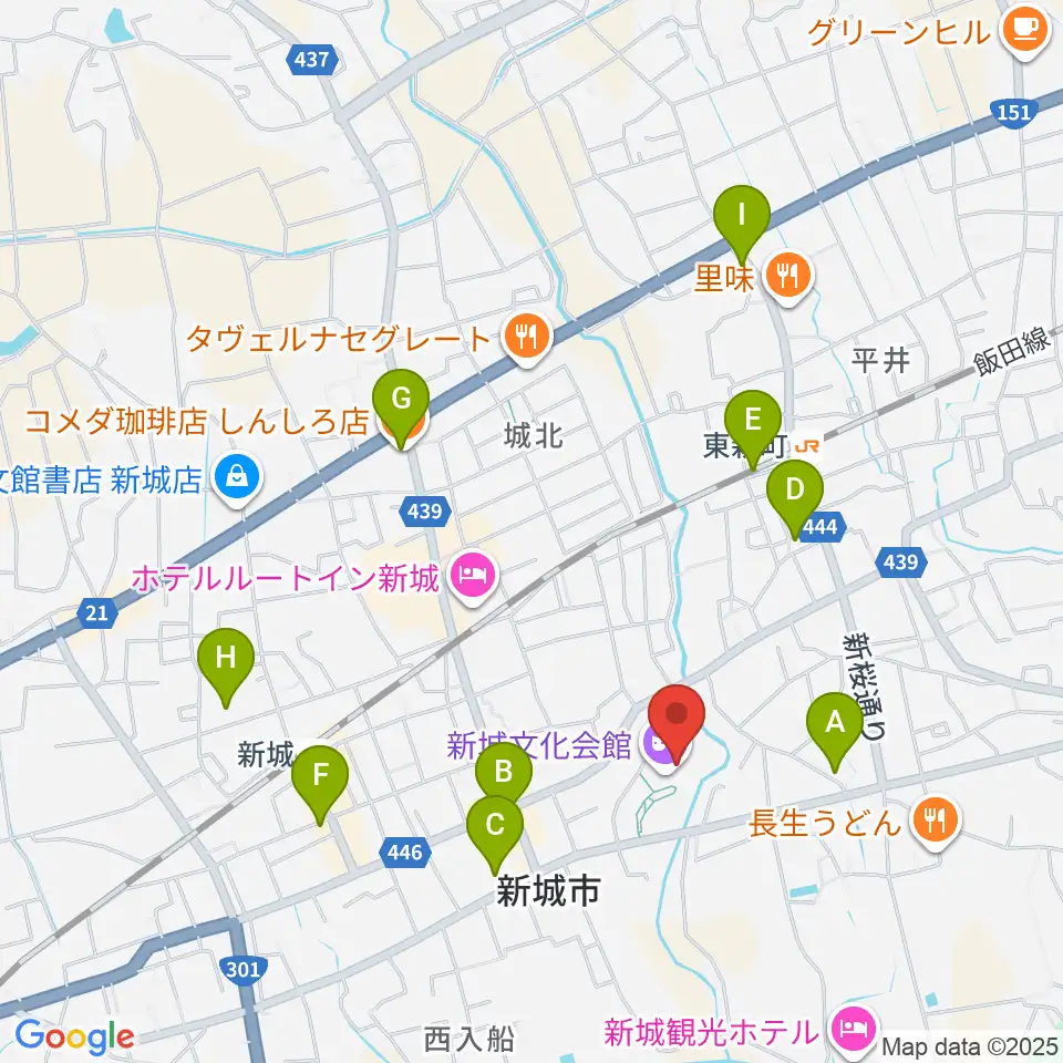 新城文化会館周辺のカフェ一覧地図