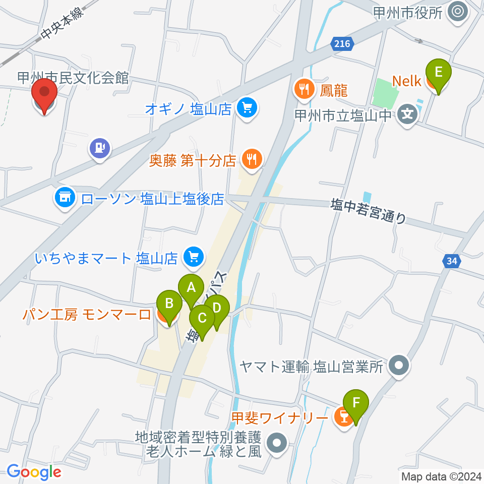 甲州市民文化会館周辺のカフェ一覧地図