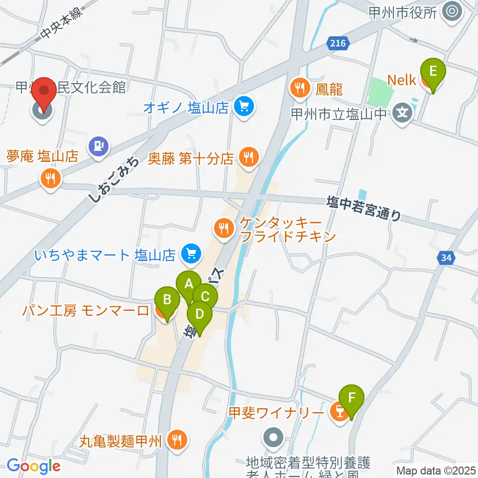 甲州市民文化会館周辺のカフェ一覧地図