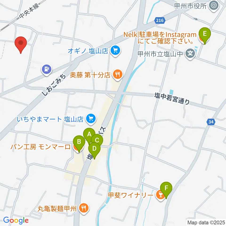 甲州市民文化会館周辺のカフェ一覧地図