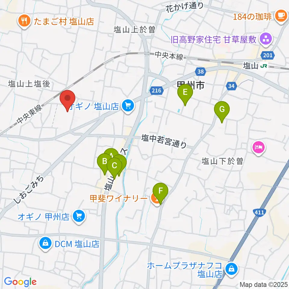 甲州市民文化会館周辺のカフェ一覧地図